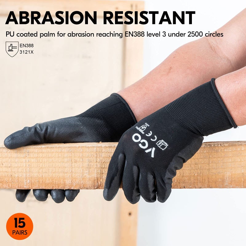 Vgo... 15-Pairs Safety Work Gloves, Gardening Gloves, Polyurethane Coated, Dipping Gloves, Latex Free (Size L, Black, PU2103) - Image 3